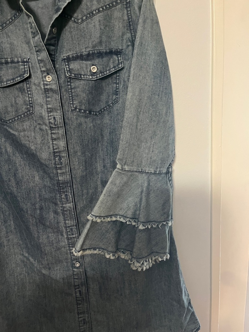 Washed Denim Midi Shirt Dress with Ruffle Sleeves - Blue - Picture 5 of 8
